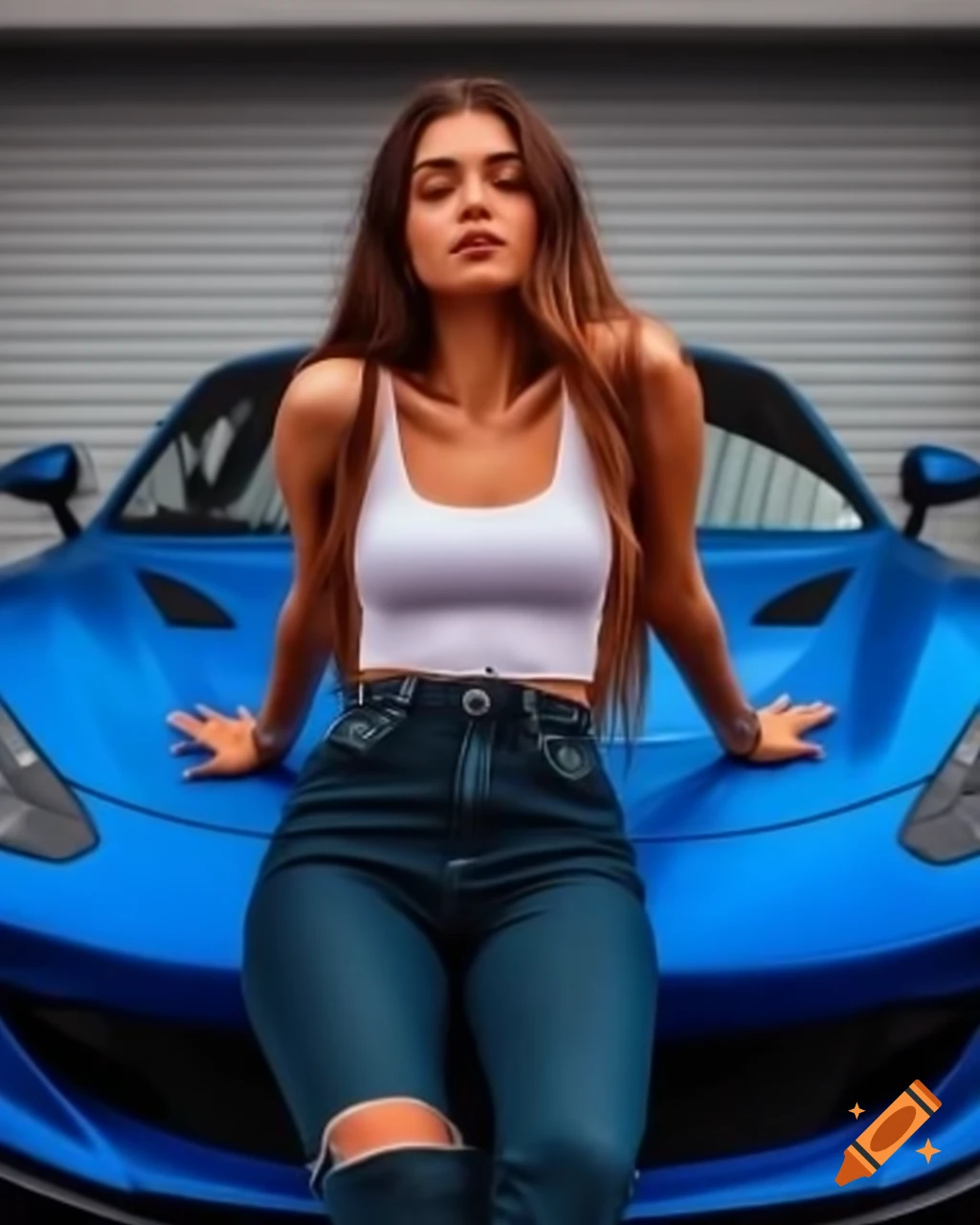 Beautiful woman posing with blue sports car