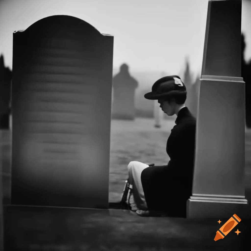 1950s woman resembling Ava Gardner kneeling before headstones in cemetery, back view