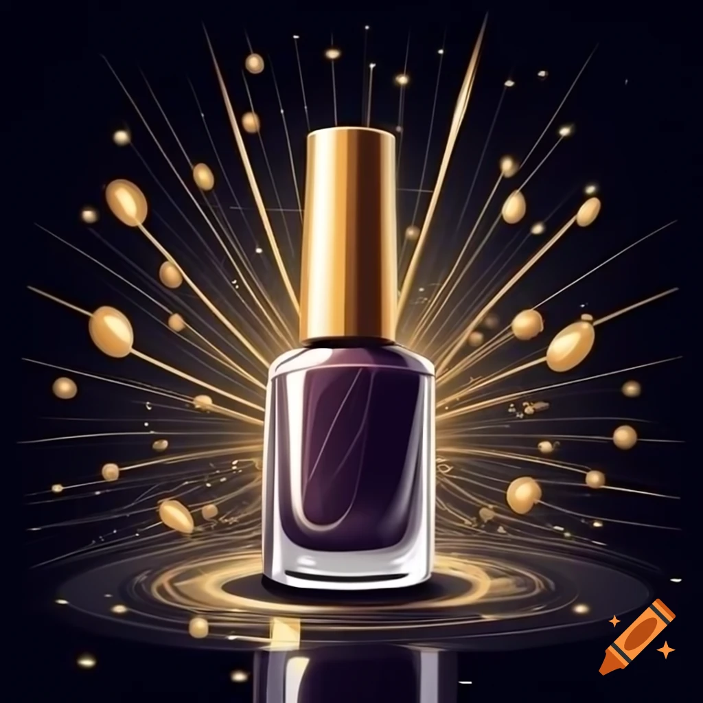 Stylized illustration of elegant nail varnish bottle with gold and silver glitter