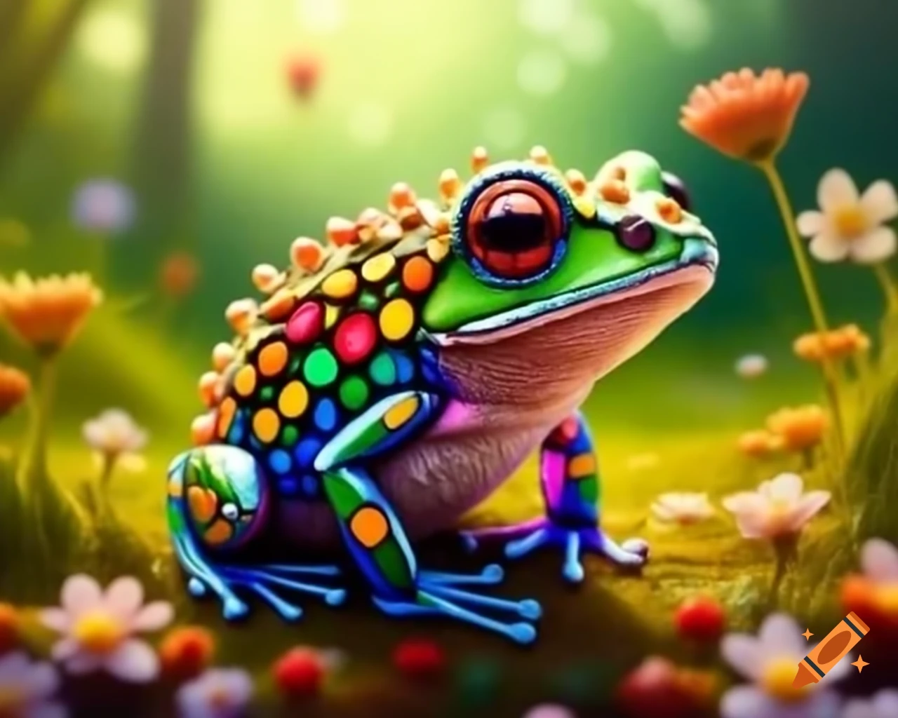 Vibrant stained-glass frog with colorful patterns on smooth counter