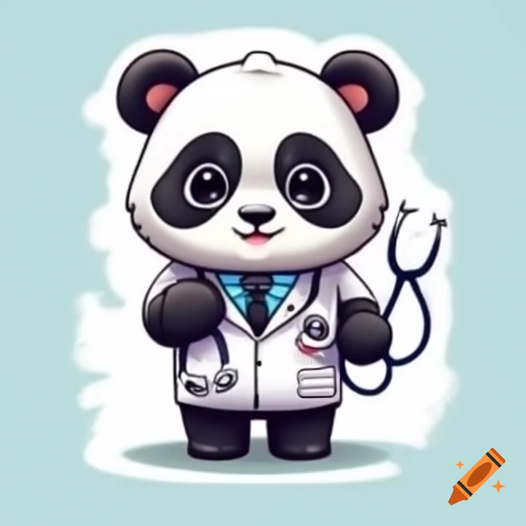 Cartoon panda in doctor uniform holding stethoscope on white background