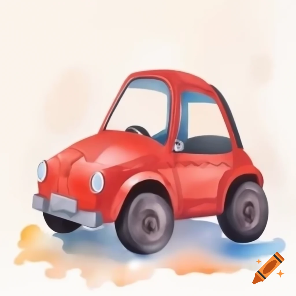 Cartoonish red toy car in watercolor style on white background