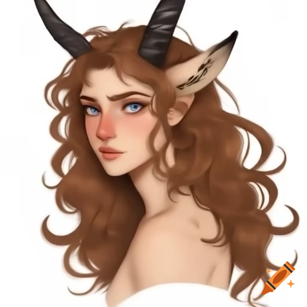 Woman with curly brown hair, goat horns, fox ears and tail, black wings