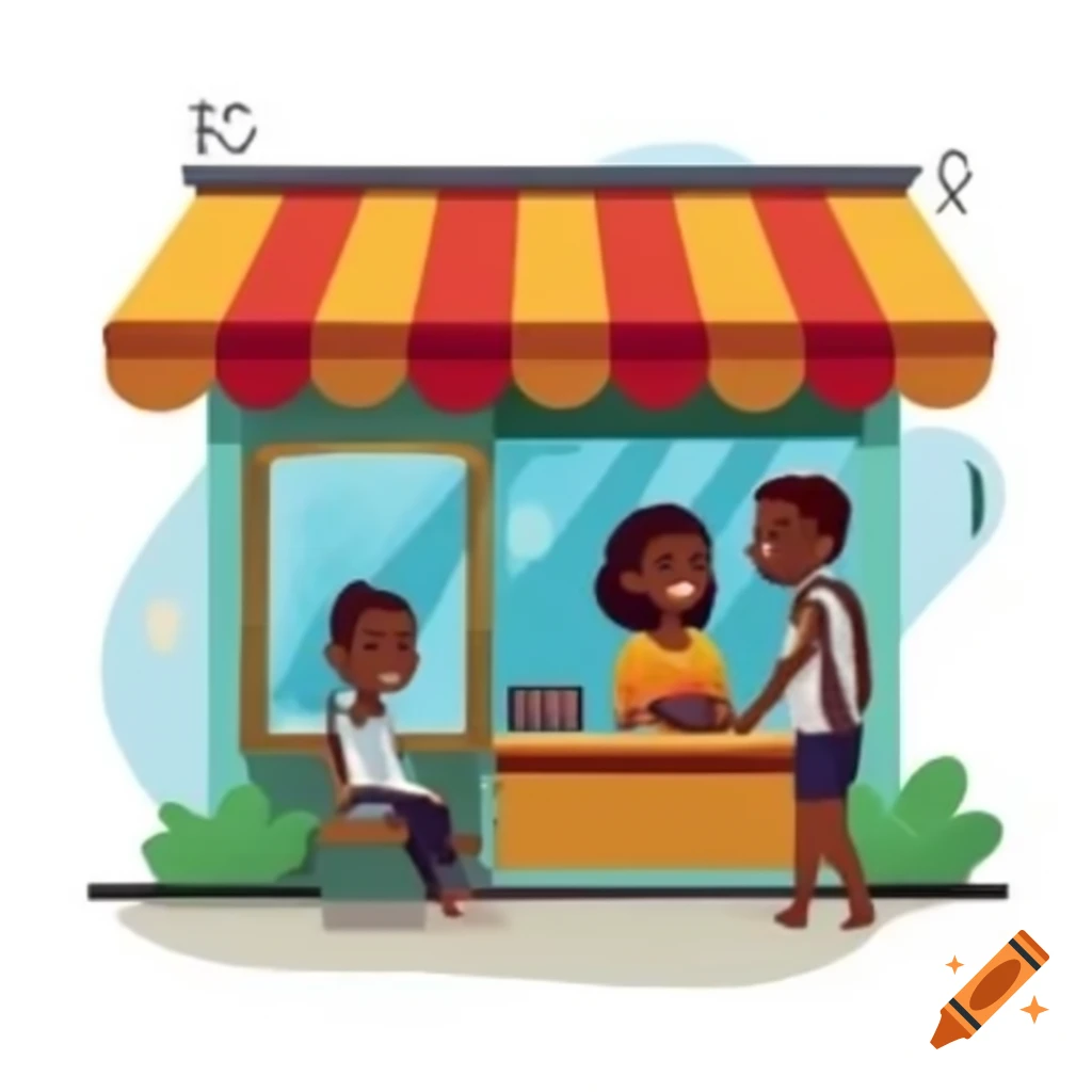 Cartoon depicting African shopkeeper interacting with a visitor