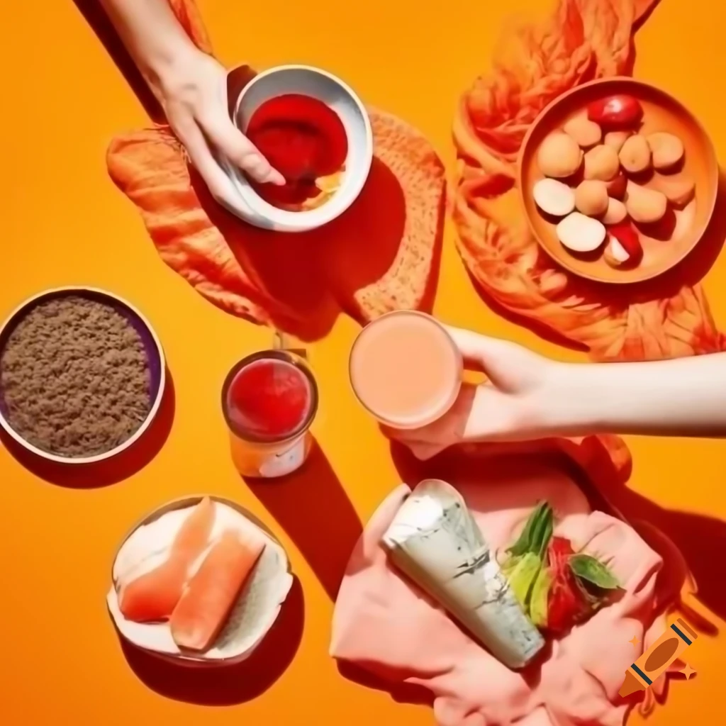 Healthy plate with stress-fighting foods like salmon and lentils on orange cloth