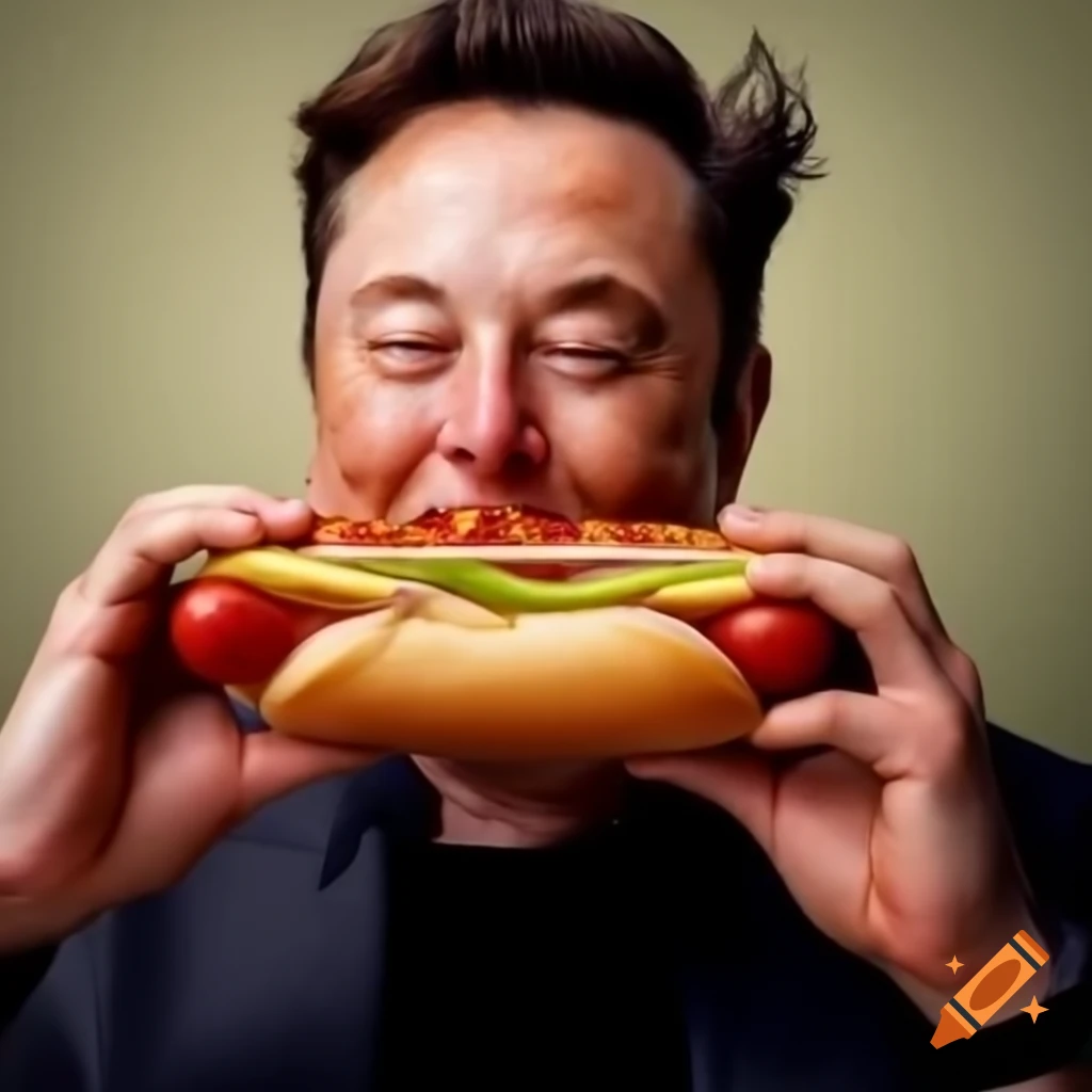Elon Musk enjoying a large hotdog in photorealistic style