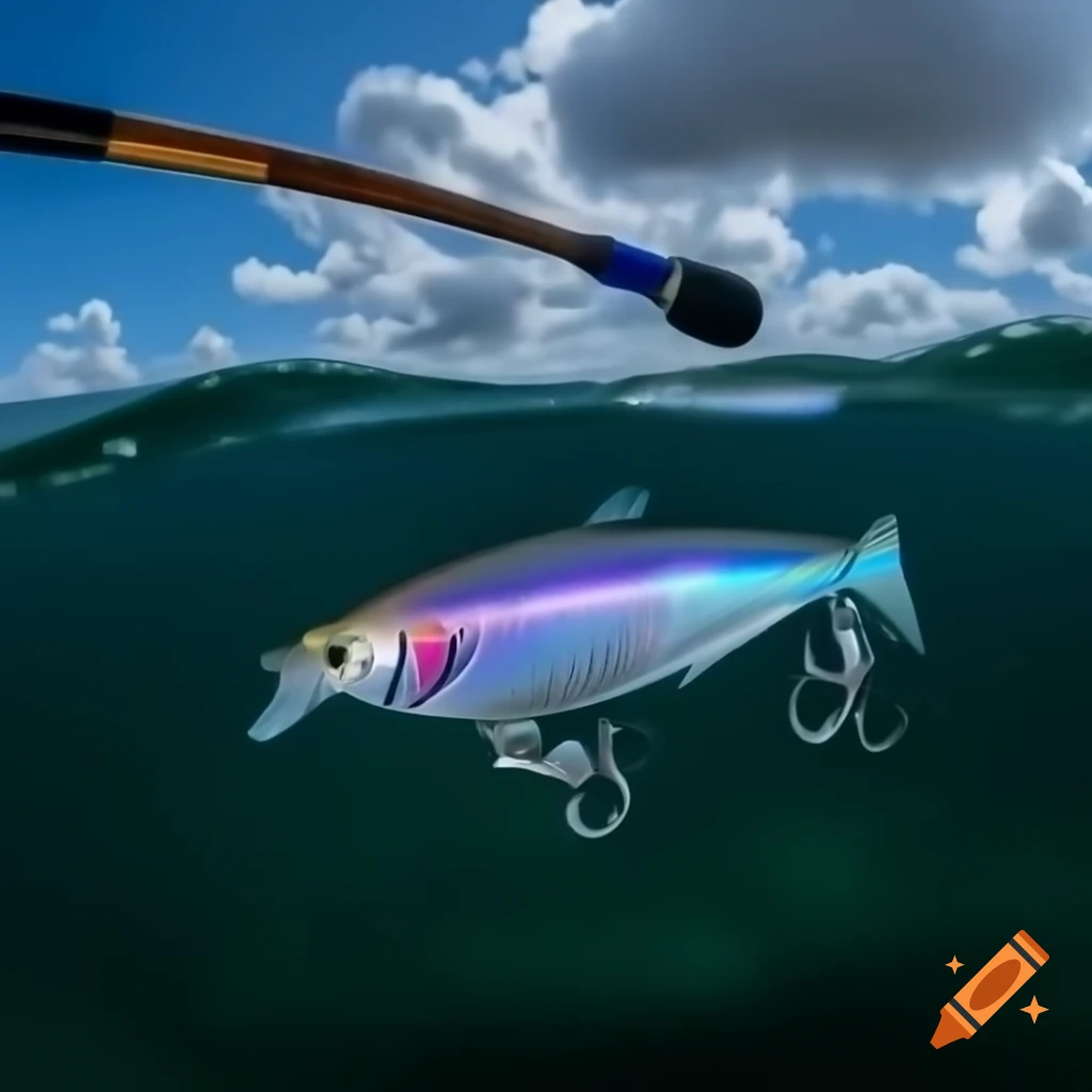 Close-up of holographic squid jig glistening in clear water
