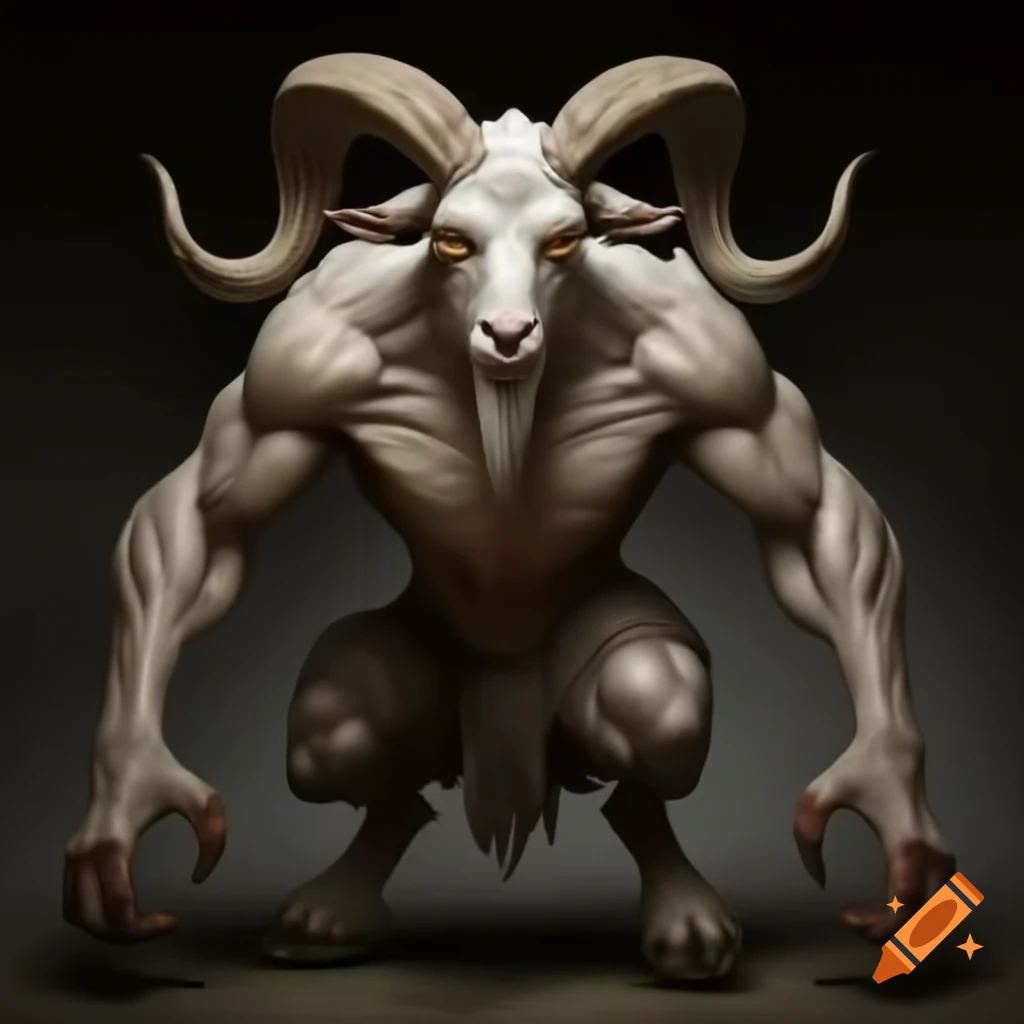 Goat-headed demon with muscular build and large horns in human posture