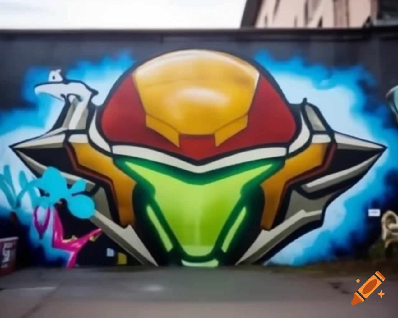 Graffiti artwork of Metroid character Samus on a wall