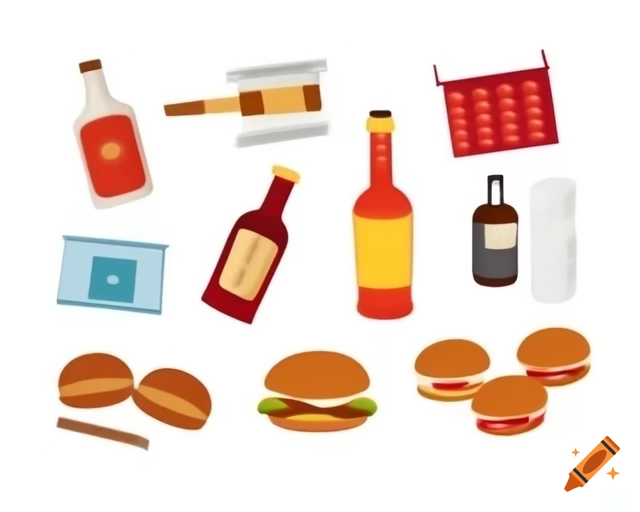 Items including alcohol, drugs, cigarettes, and burgers arranged together