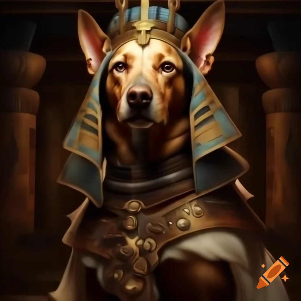 Dog dressed in fantasy accessories inspired by ancient Greek and Egyptian styles