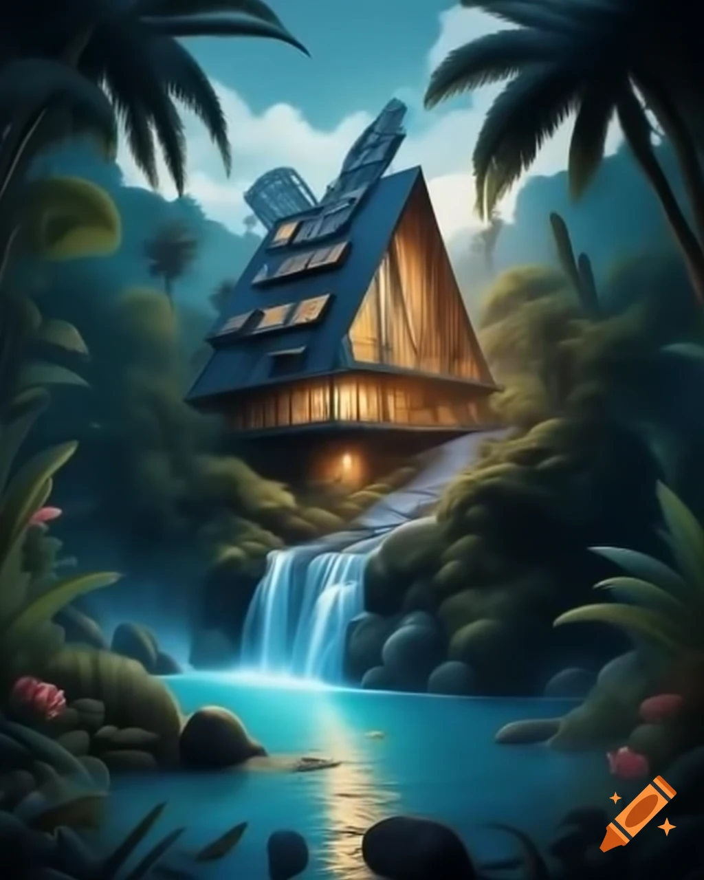 Solarpunk modern house in jungle with crystal blue waterfall