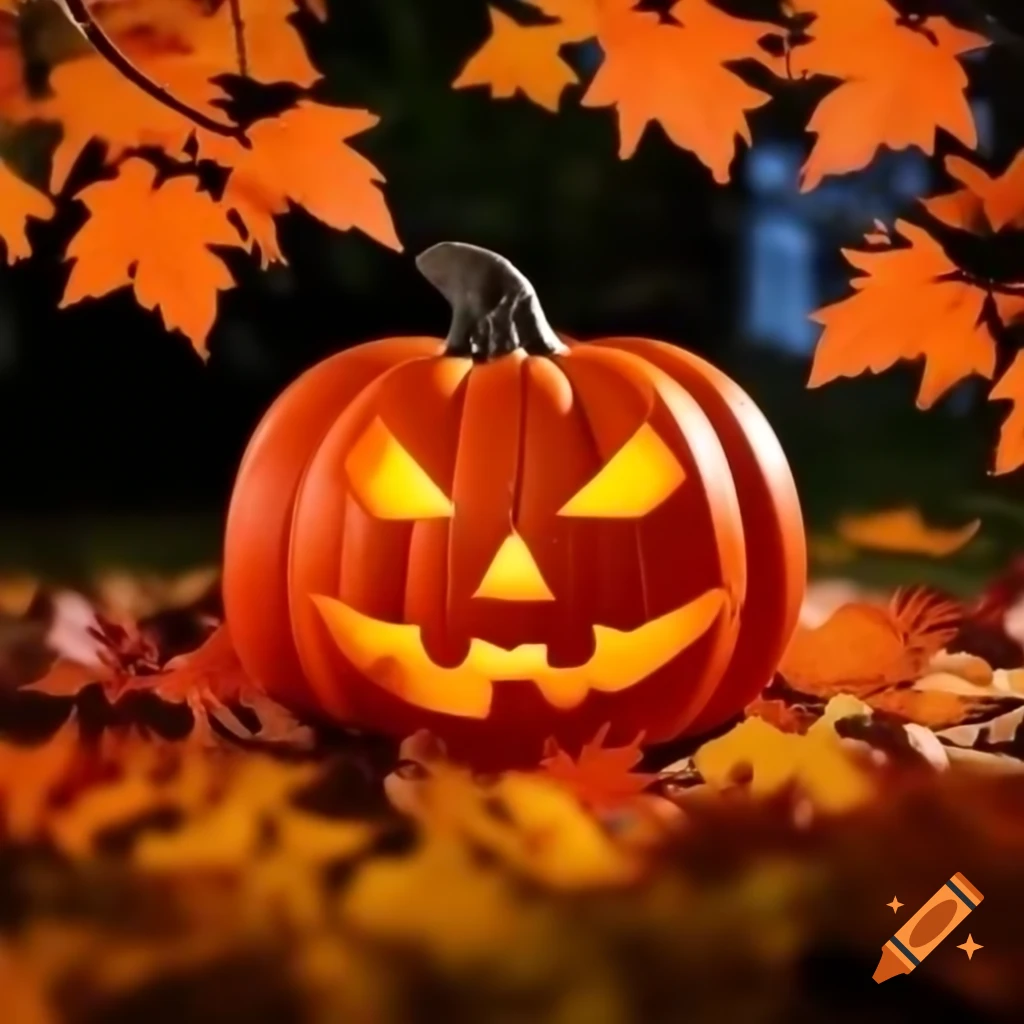 Jack o'lantern among autumn trees with colorful leaves