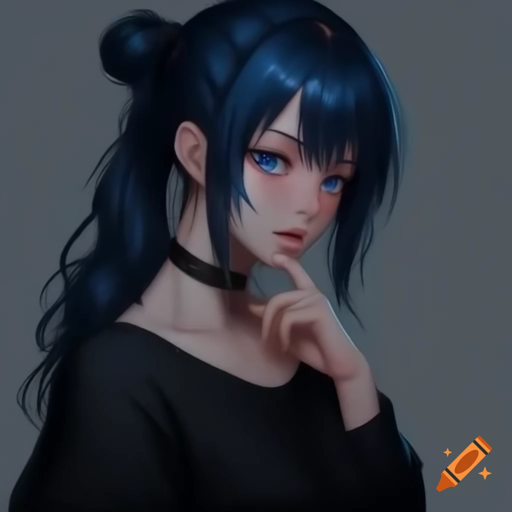 Woman with blue hair and eyes, wearing casual black shirt and baggy training pants