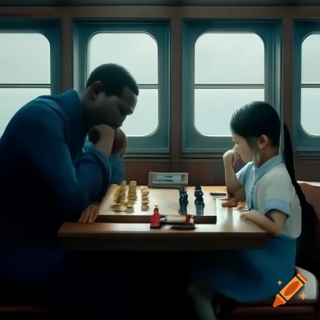 Black man and Chinese girl playing chess on a ship