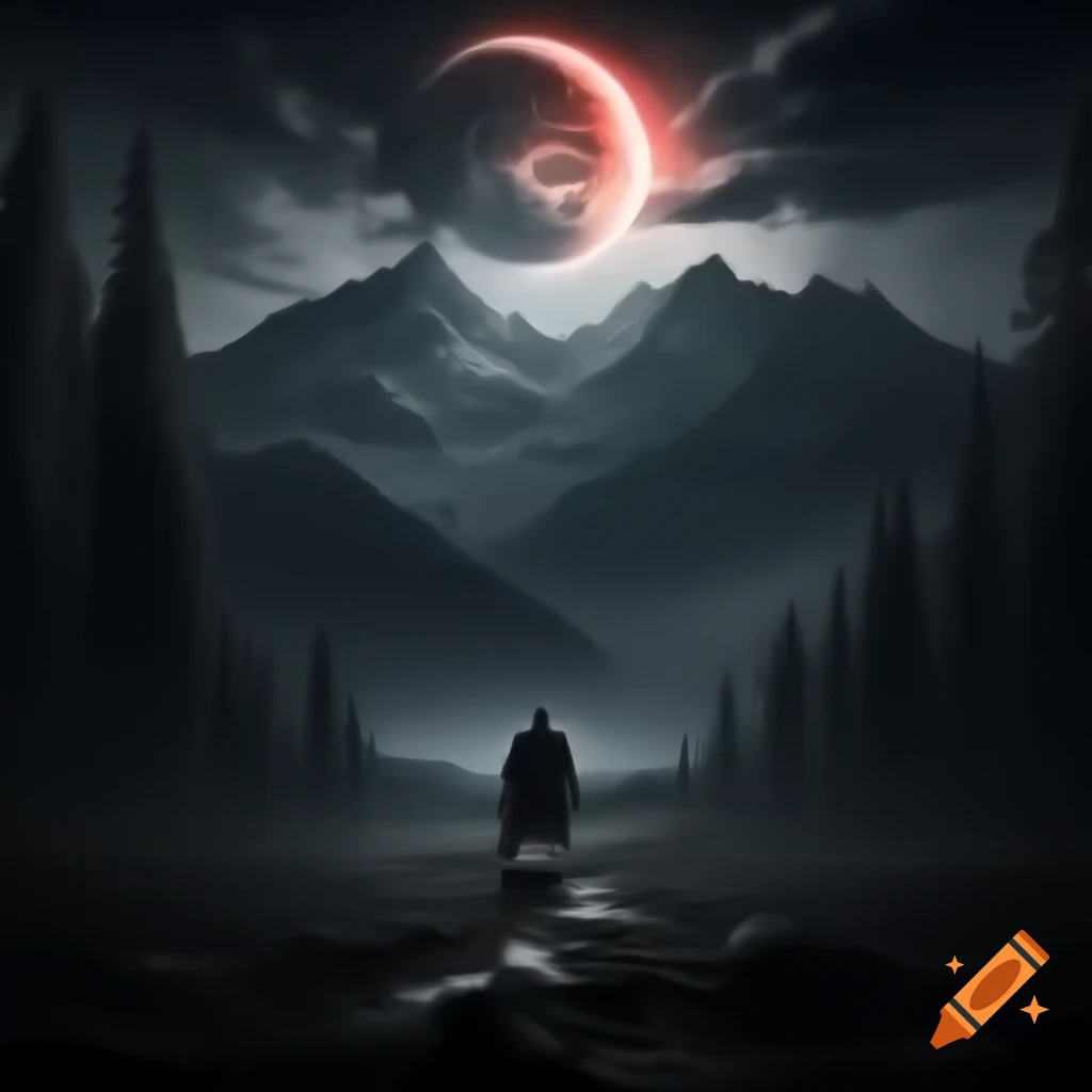 Epic scene featuring mountains and pillars under a red eclipse with dragonslayer, in the style of Gustave Dore
