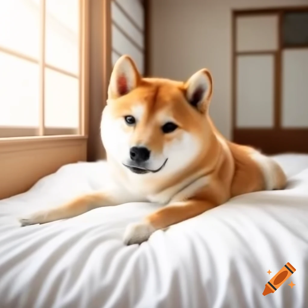 Shiba Inu dog resting on white bed in sunny Japanese room