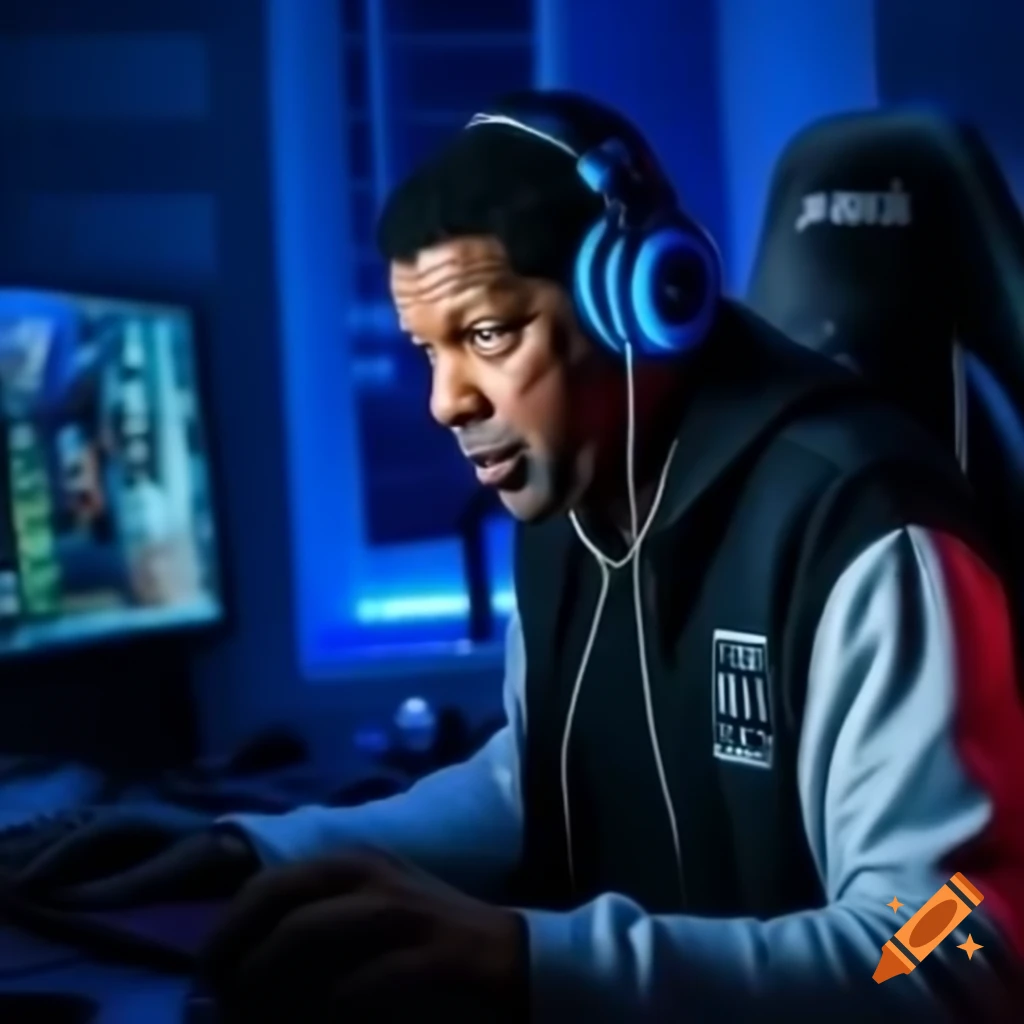 Denzel Washington in casual outfit with headphones observing crashed computer in gaming room