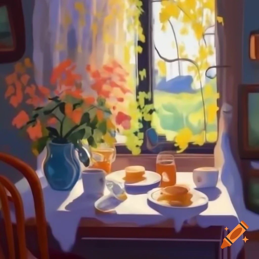 Cozy impressionistic breakfast scene by window overlooking blooming garden