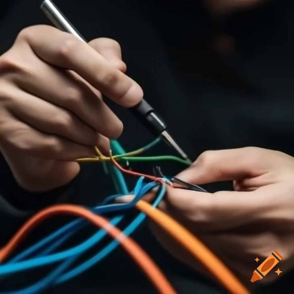 Person soldering wires together in a workshop