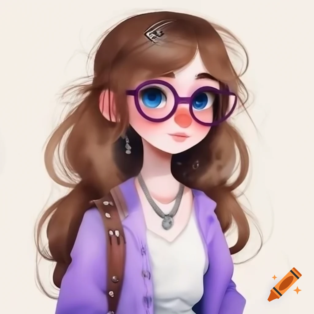 Girl with brown hair, blue eyes, and purple glasses wearing a purple shirt and white skirt