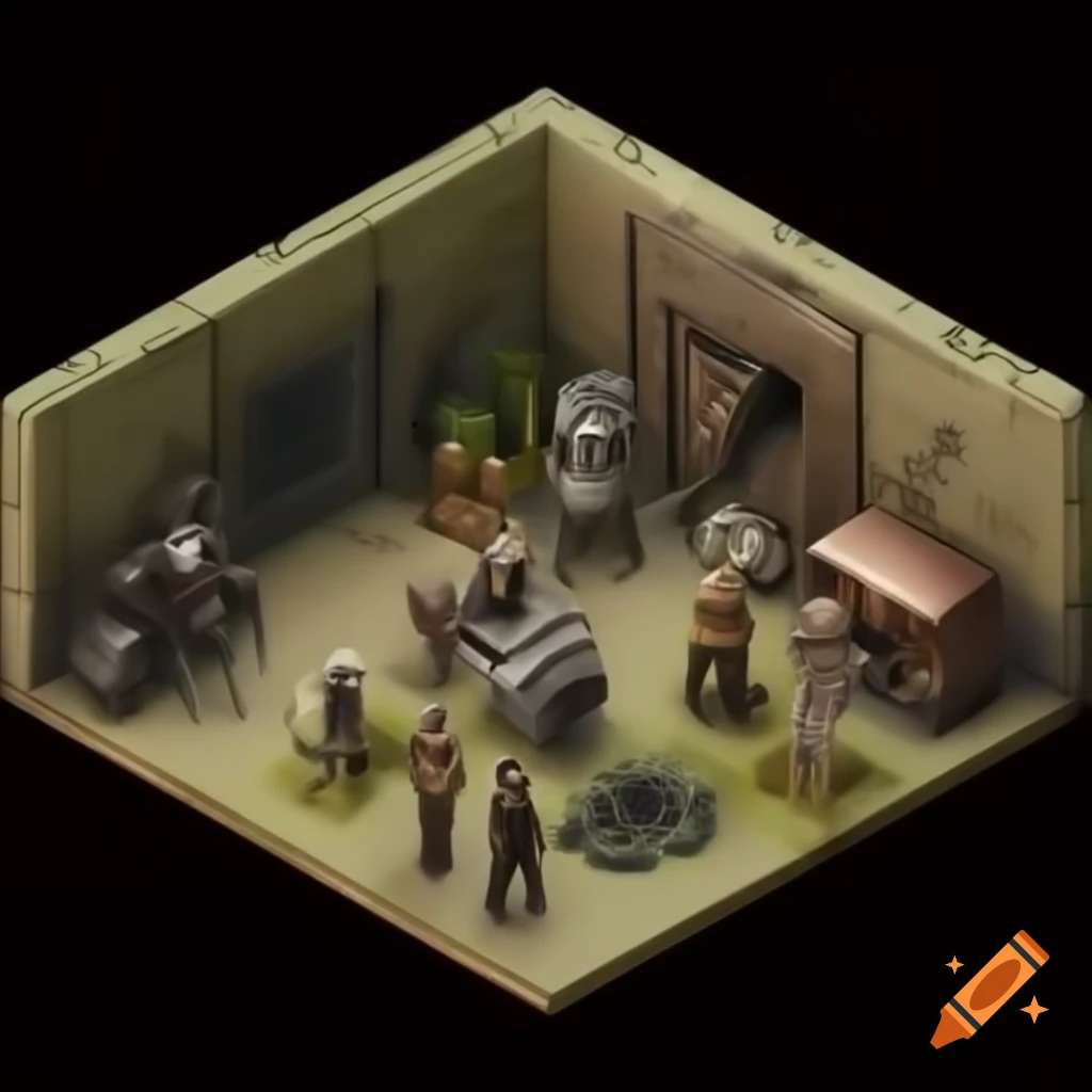Character designs in post-apocalyptic atmosphere in isometric view, front and back