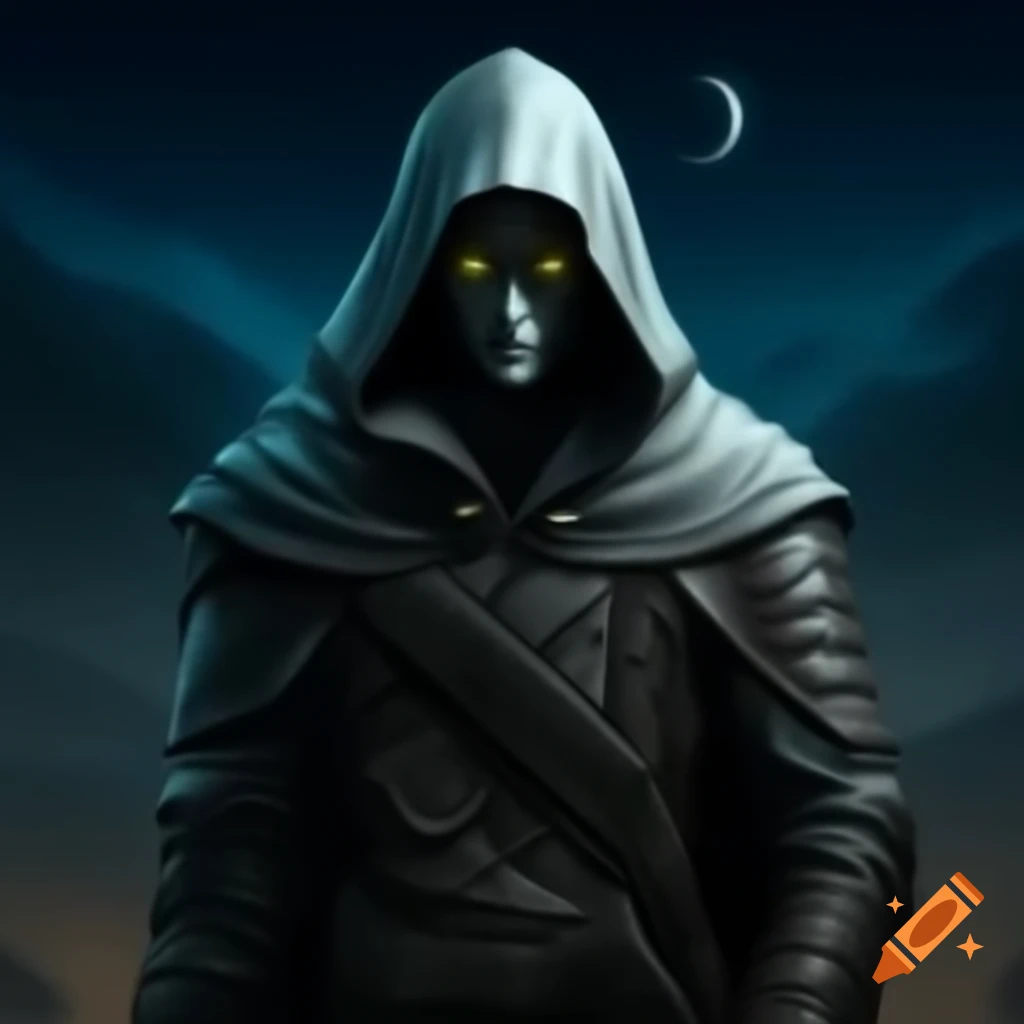 Mysterious hooded figure in silvery moonlight, cloaked in leather