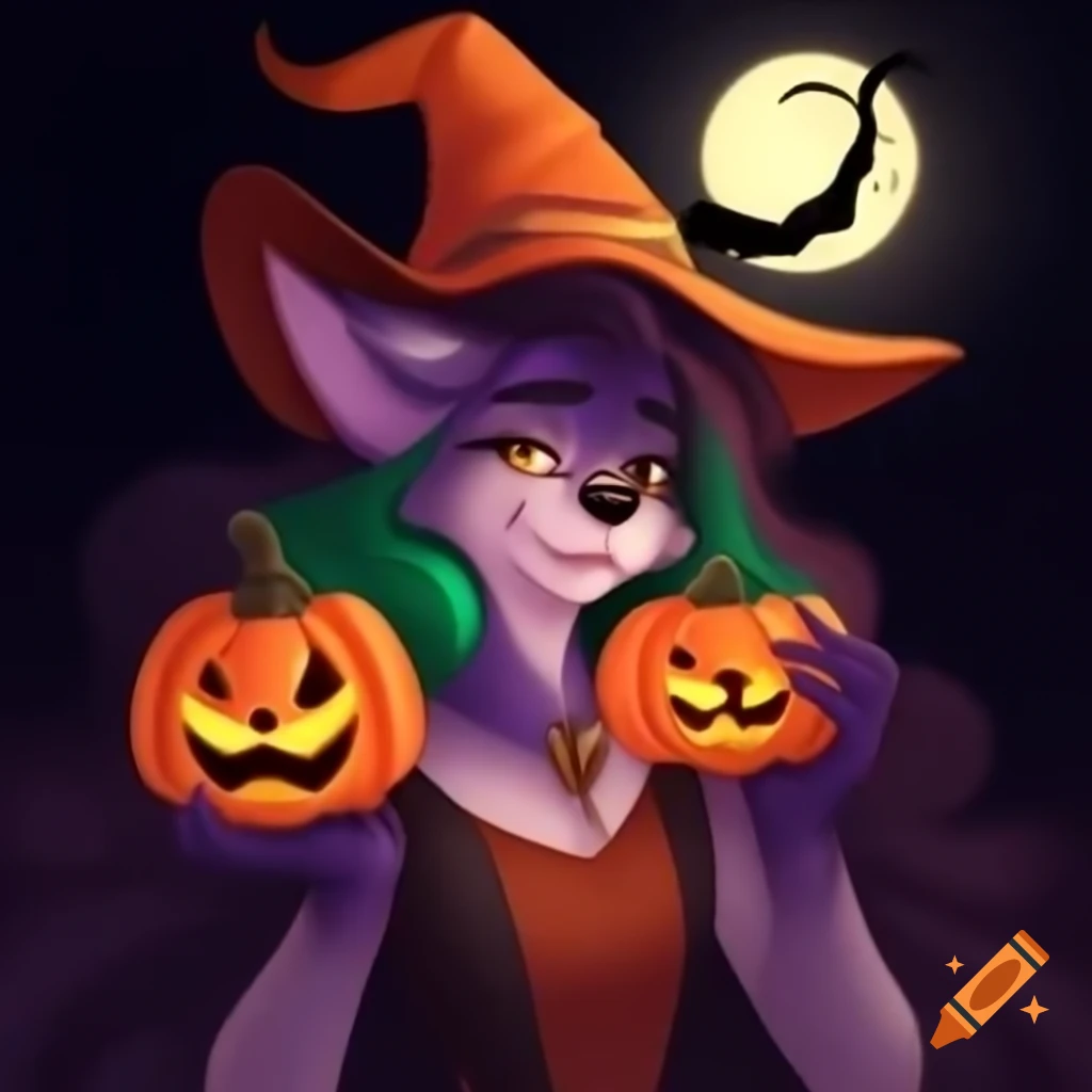 Anthropomorphic feminine wolf with orange hat and colorful hair under harvest moon