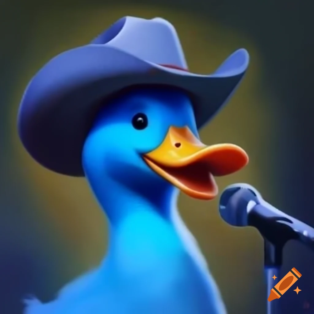 Blue duck wearing cowboy hat singing into microphone