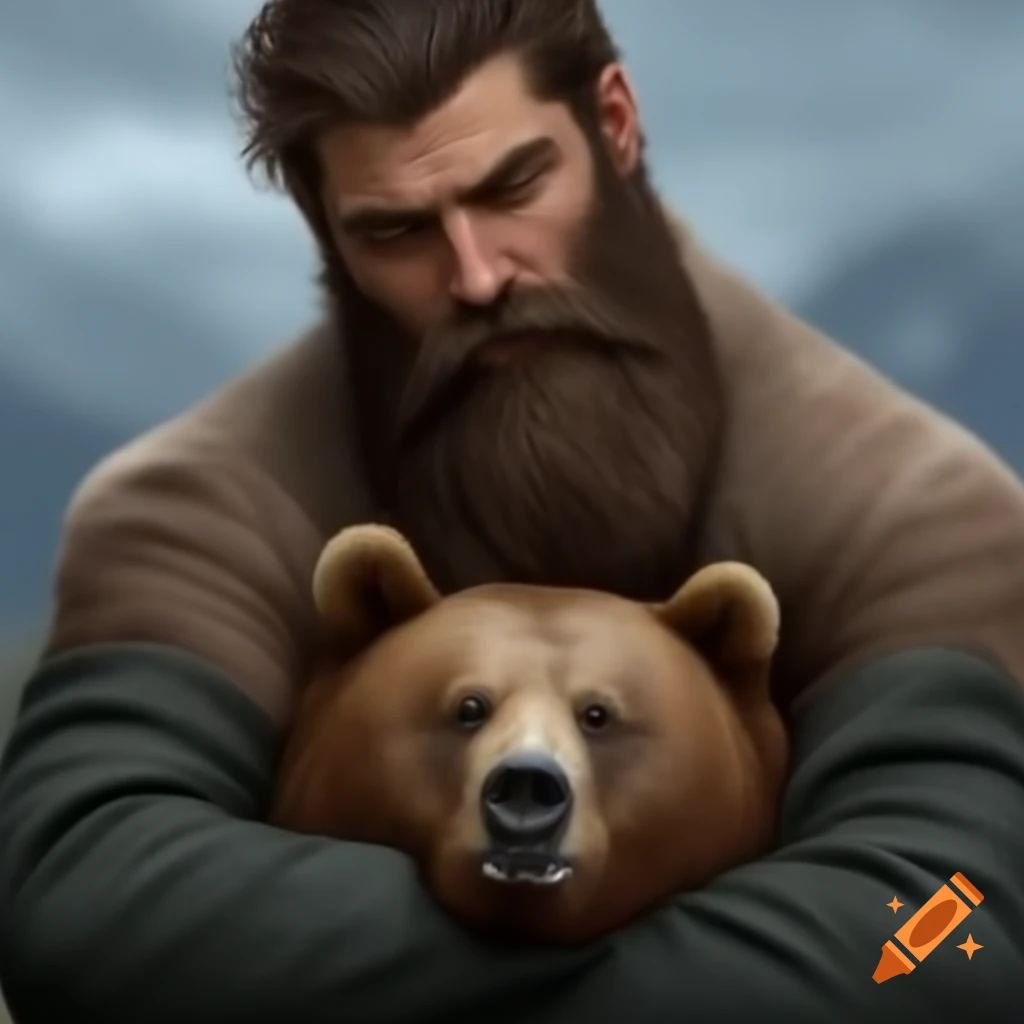 Strong bearded man embracing bear logo design