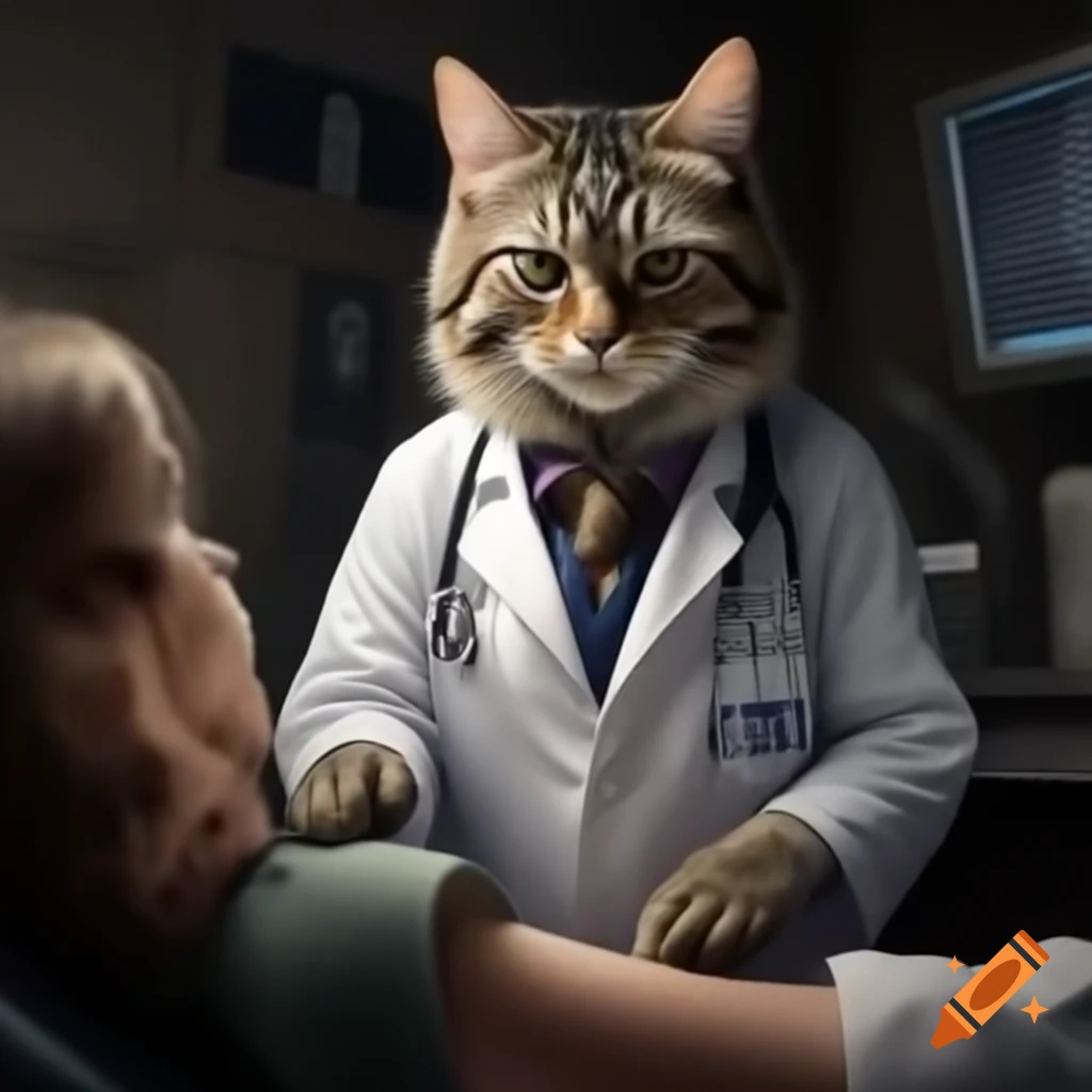 Cat doctor examining human patient in humorous setting