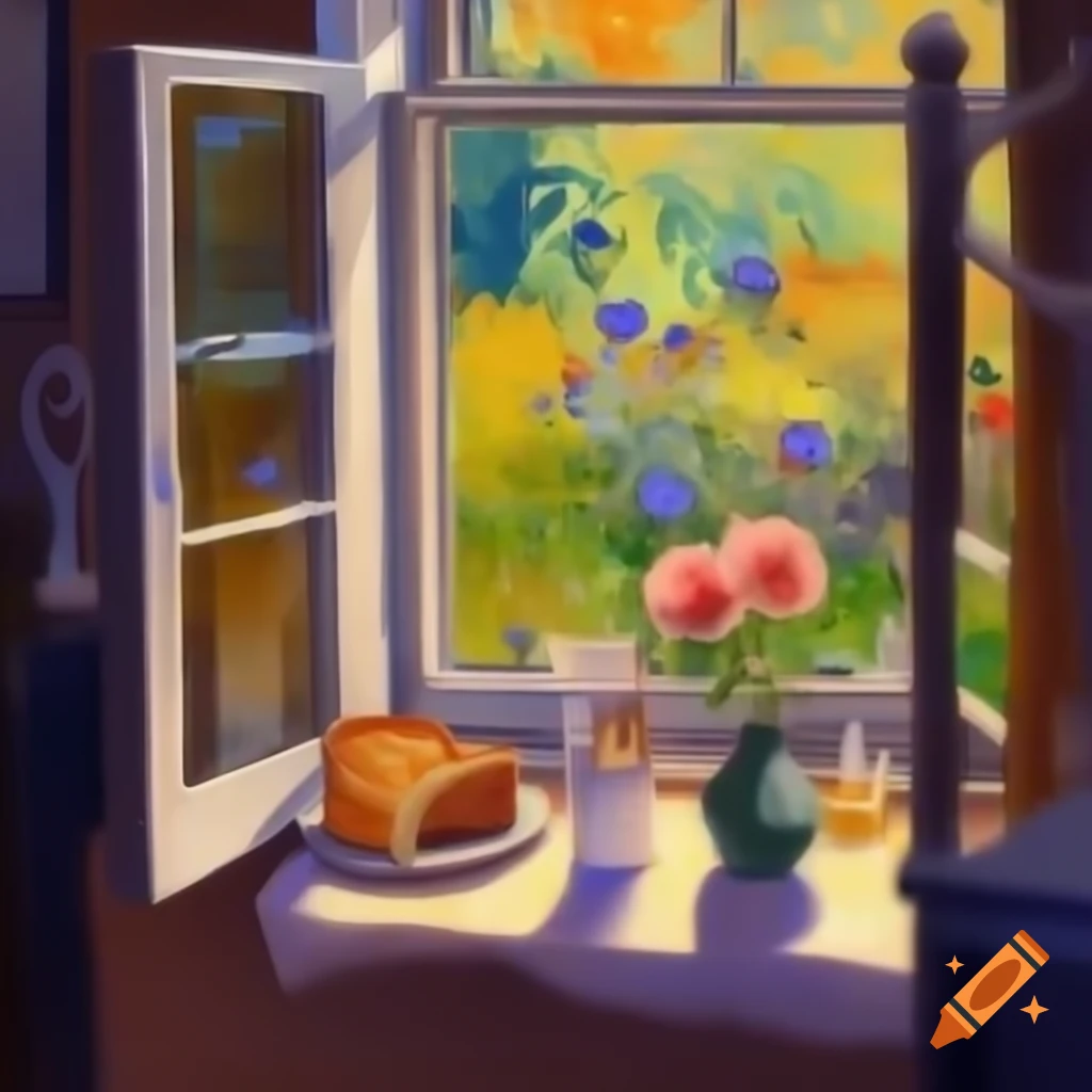 Cozy impressionistic breakfast scene by window overlooking blooming garden