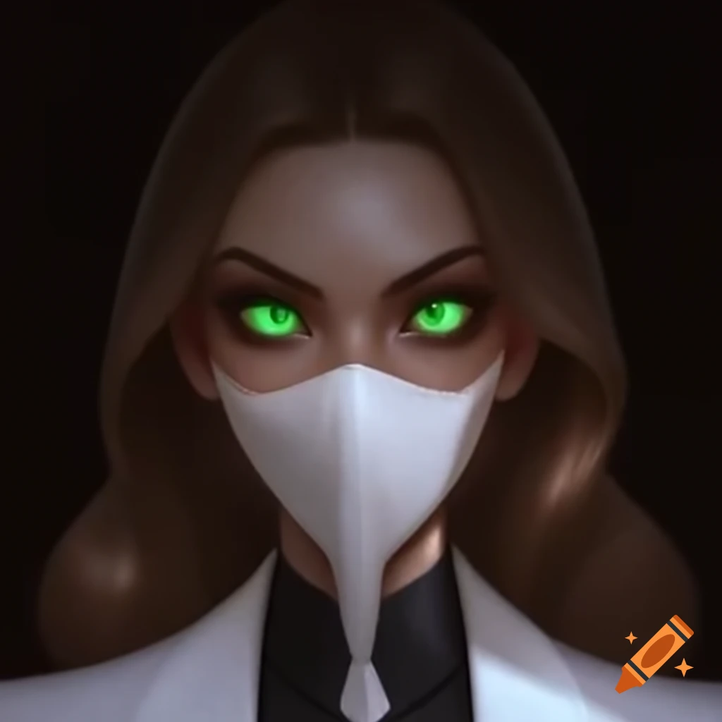 Woman with glowing green eyes and white mask in secretary suit