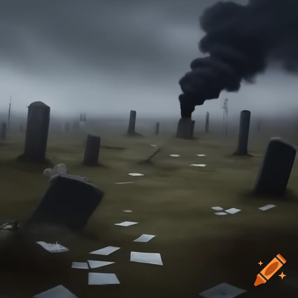 Graves with scattered papers and thick smoke, mysterious gel digging nearby