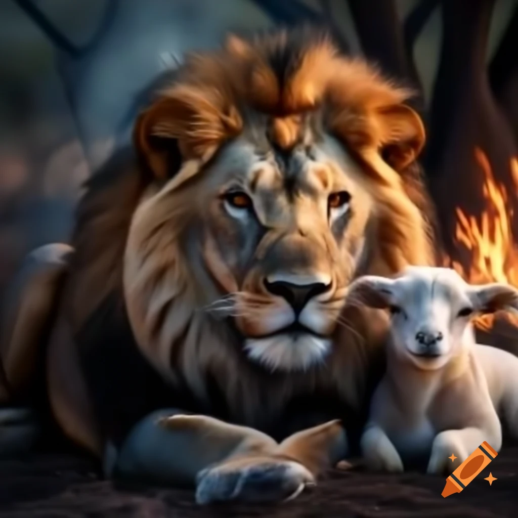 Lion with fiery eyes lying next to a lamb