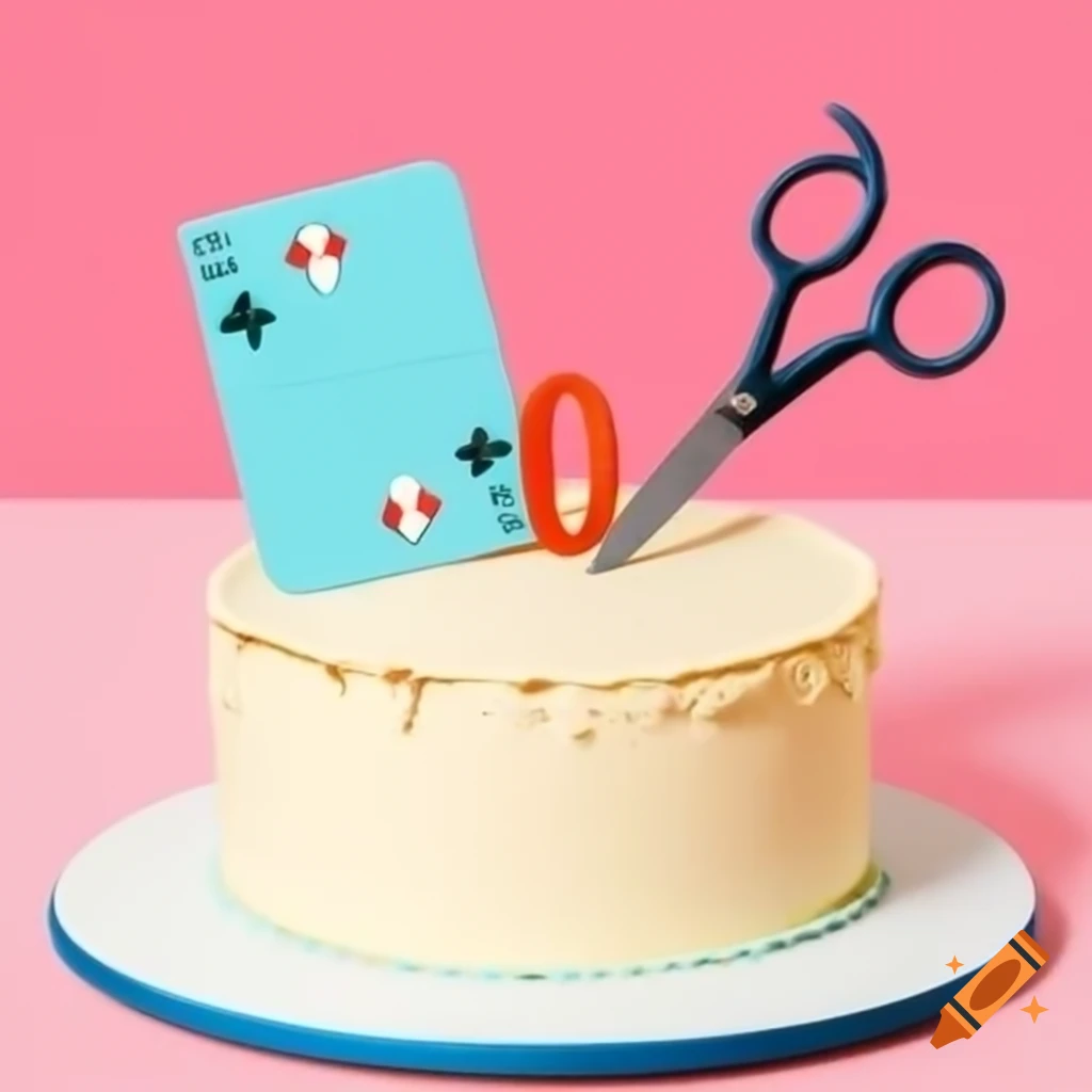 Birthday card featuring scissors on a cake