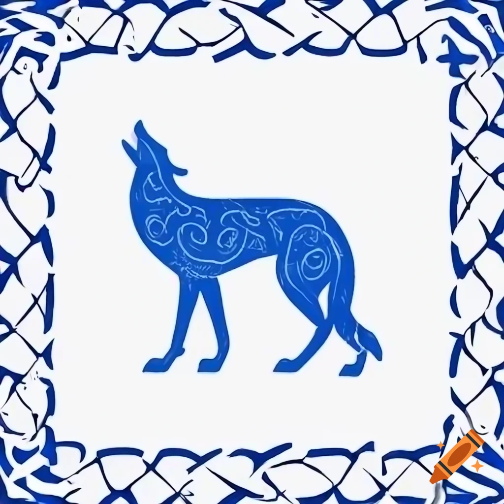 Celtic heraldic depiction of blue coyote on white background