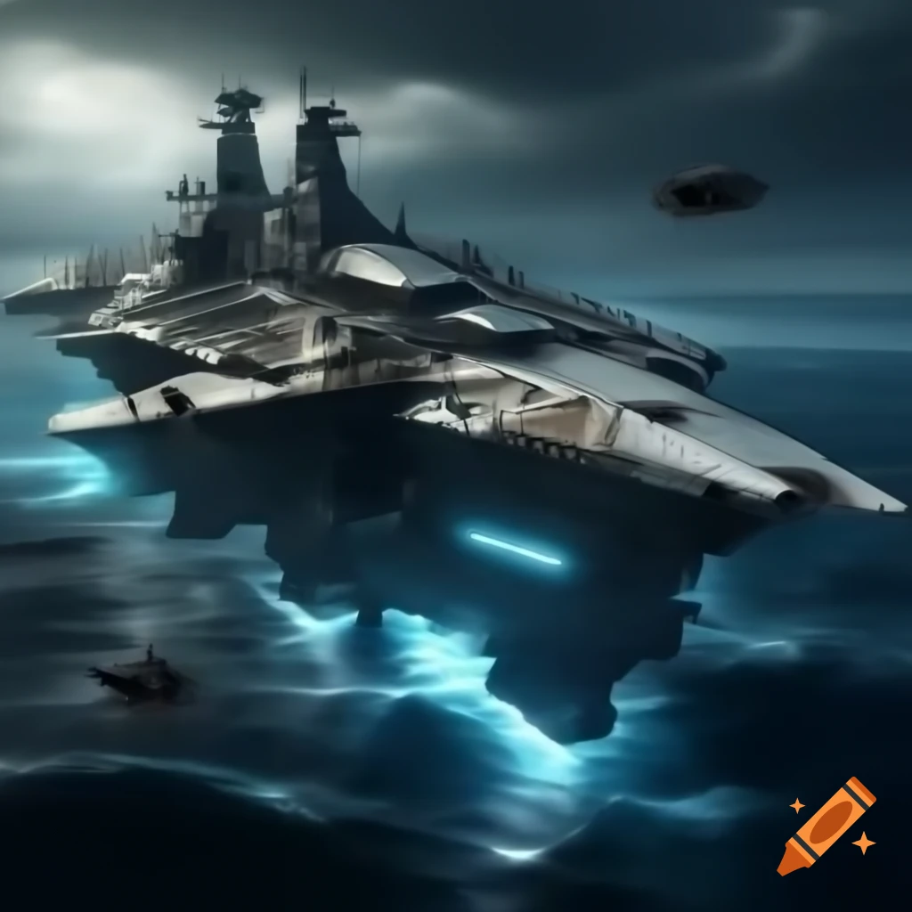 Continent-sized futuristic warship floating above ocean with advanced metallic design