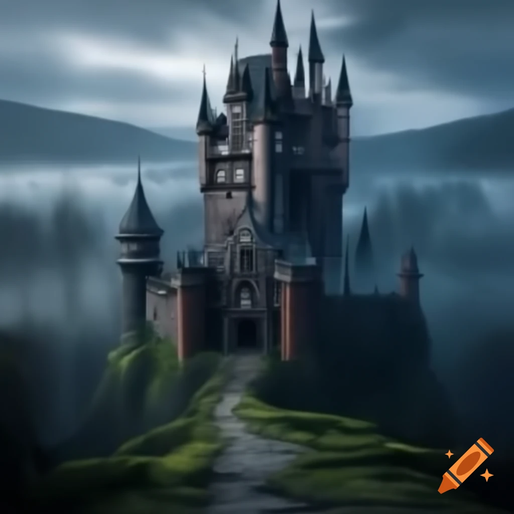 Dark castle in misty forest landscape