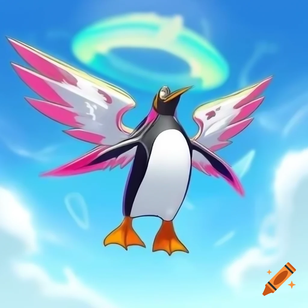 Penguin with angelic wings in Yu-Gi-Oh art style