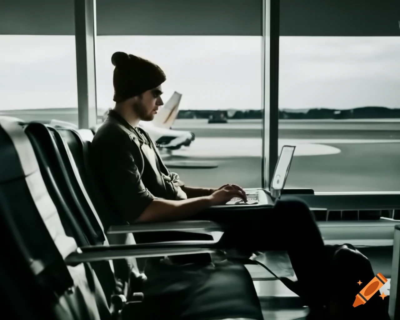 Blonde adult man working on laptop in airport