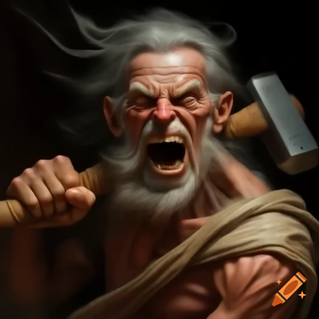Angry old man holding hammer, photorealistic detail