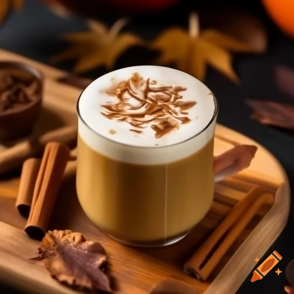 Pumpkin spiced latte on wooden board surrounded by leaves and cinnamon sticks