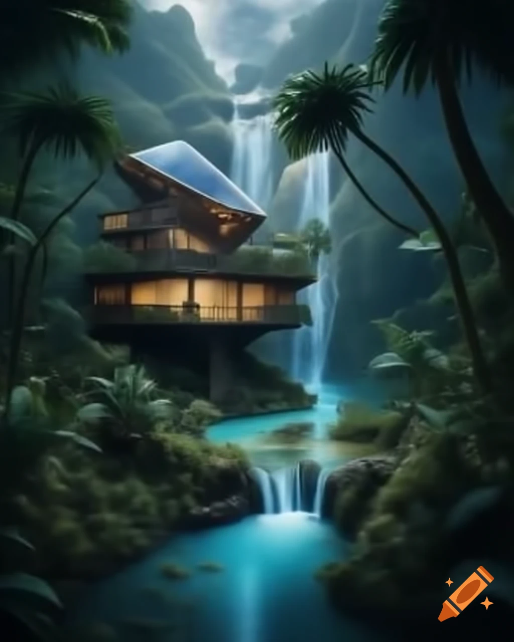 Surreal solarpunk house in jungle with crystal blue waterfall