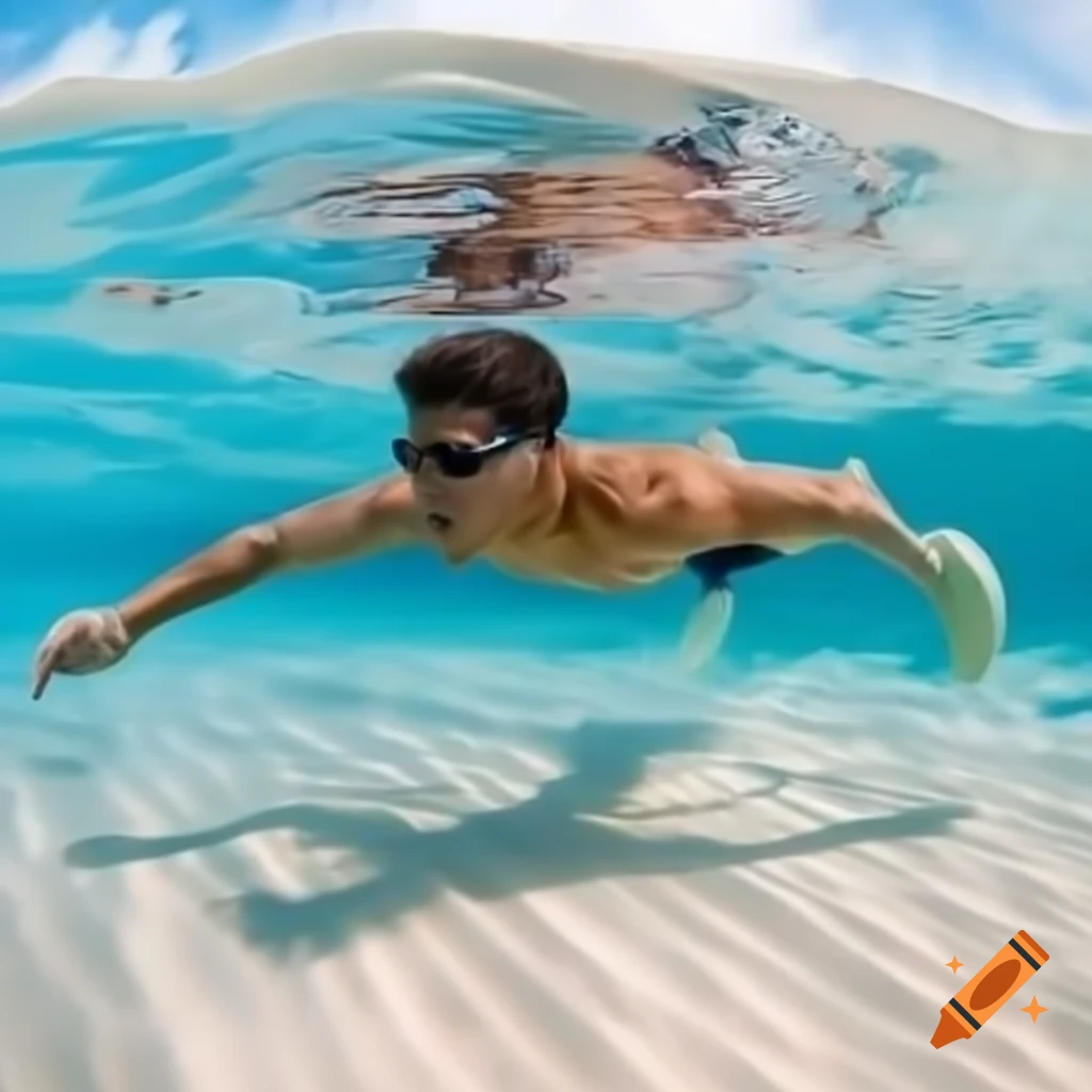 Young man swimming near sandy beach