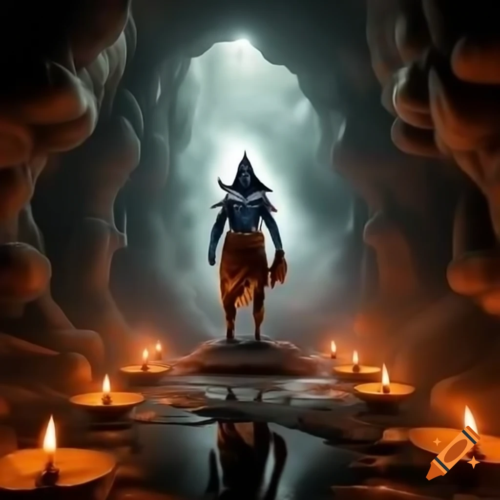Lord Shiva in smoky mountain cave surrounded by candles and glowing halo in vibrant colors