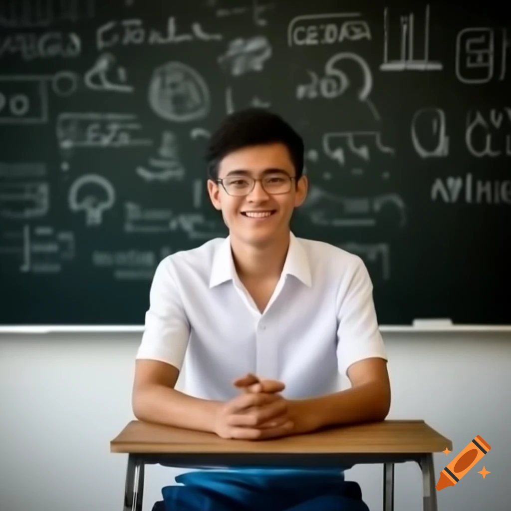 Thai male student in short-sleeved shirt and blue shorts seated at desk with blackboard of science formulas