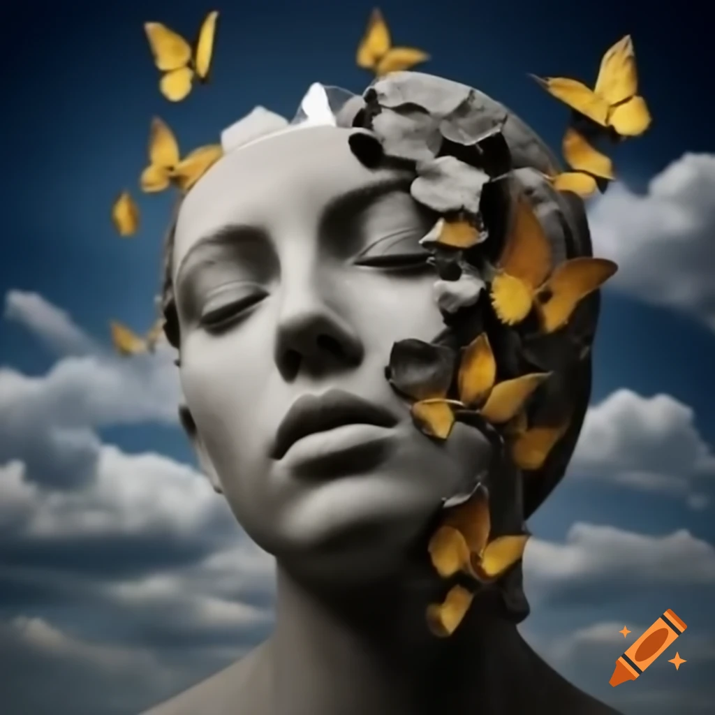 Concrete bust of woman transforming into butterflies with clouds