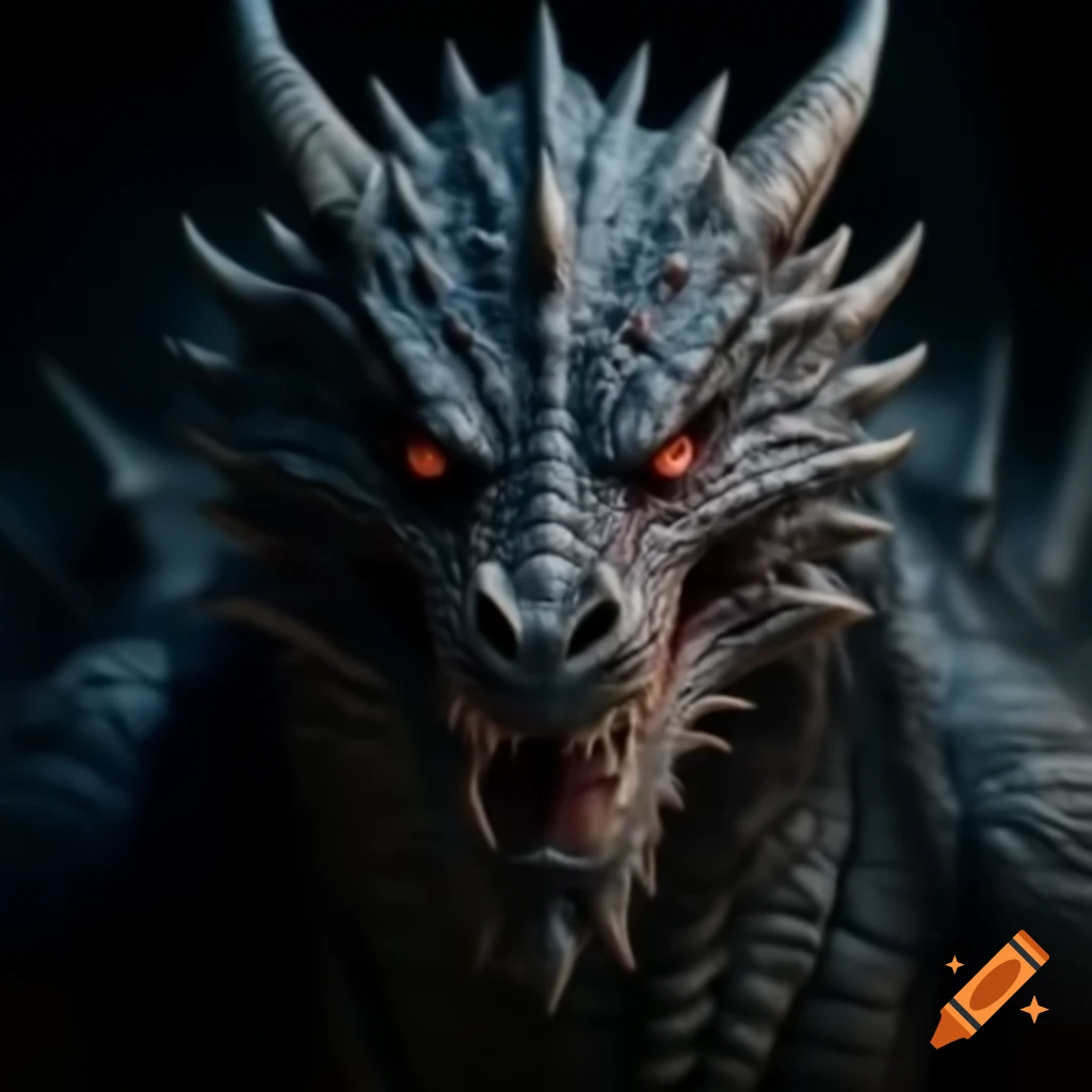 Menacing black dragon gazing into the camera