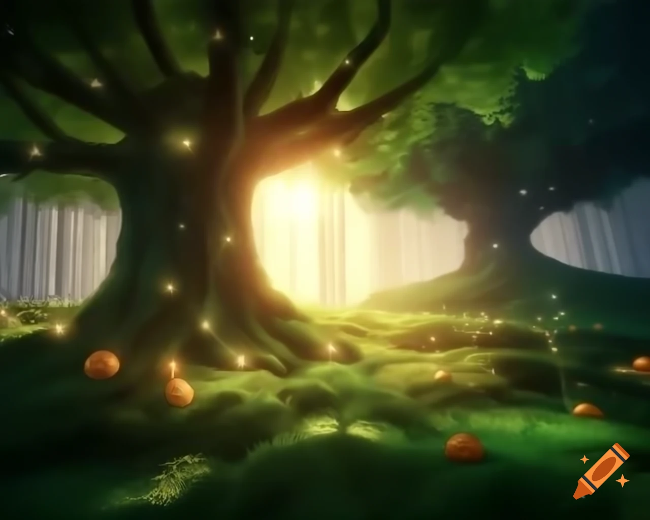 Photorealistic 3D render of a fairy in a forest with natural greens and warm oranges